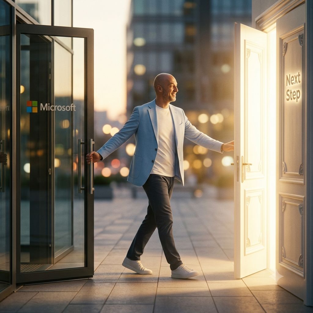 A professional stepping from a Microsoft office toward an open door labelled Next Step